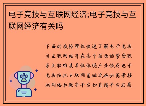 电子竞技与互联网经济;电子竞技与互联网经济有关吗